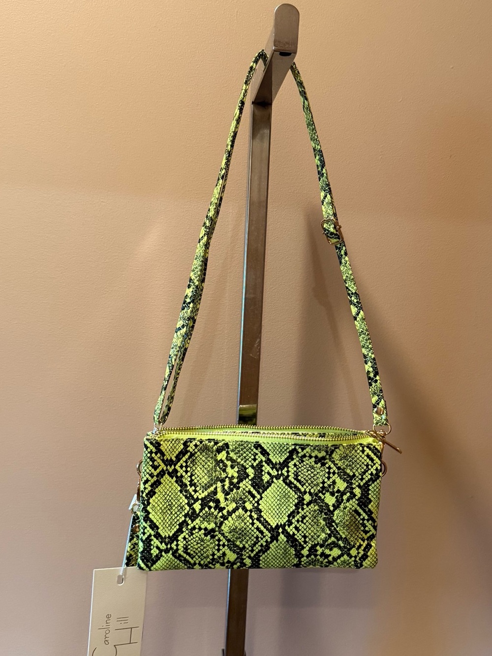 NWT Caroline Hill 3 Compartment Snake Zip Clutch Neon Yellow